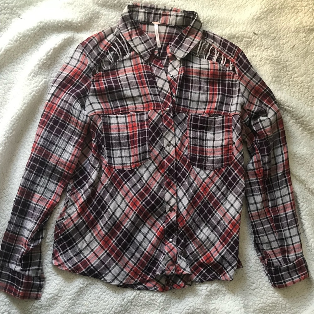 Free People Gauzy Plaid Lace Up Button Down Shirt Top Size extra small